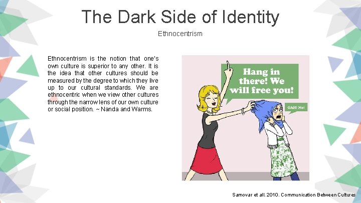 The Dark Side of Identity Ethnocentrism is the notion that one’s own culture is