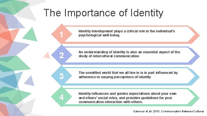 The Importance of Identity 1 Identity development plays a critical role in the individual’s