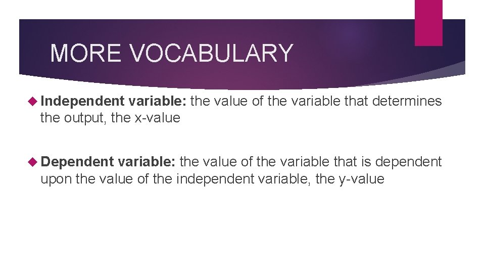 MORE VOCABULARY Independent variable: the value of the variable that determines the output, the