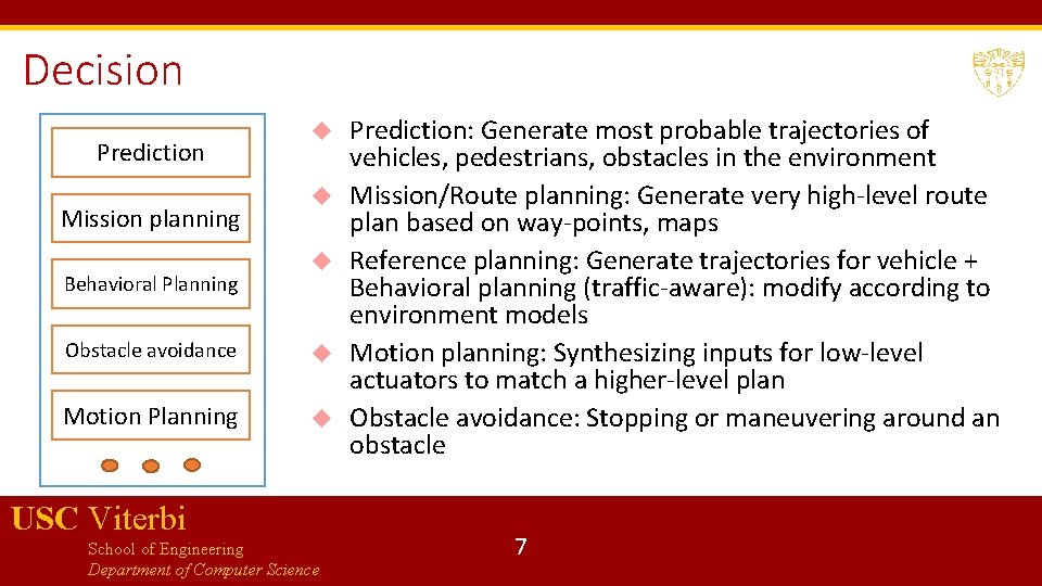 Decision Prediction Mission planning Behavioral Planning Obstacle avoidance Motion Planning USC Viterbi School of