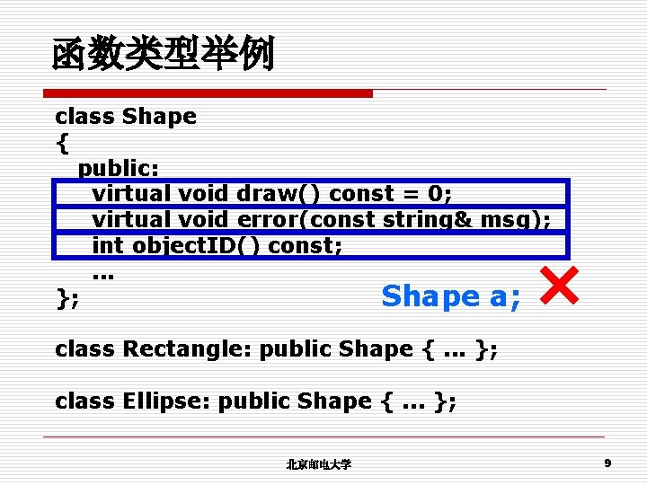 函数类型举例 class Shape { public: virtual void draw() const = 0; virtual void error(const