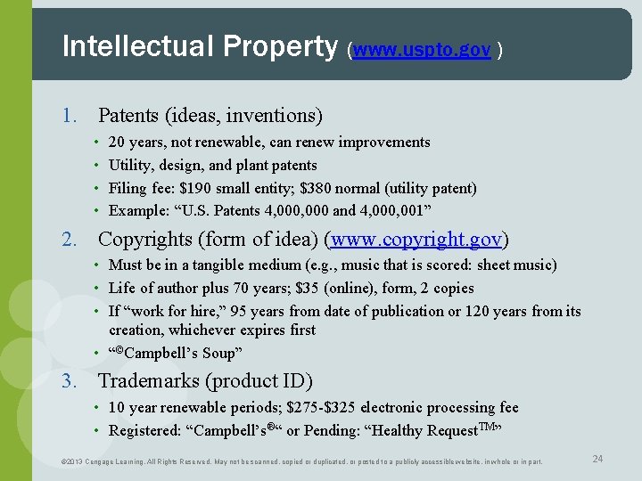 Intellectual Property (www. uspto. gov ) 1. Patents (ideas, inventions) • • 20 years,