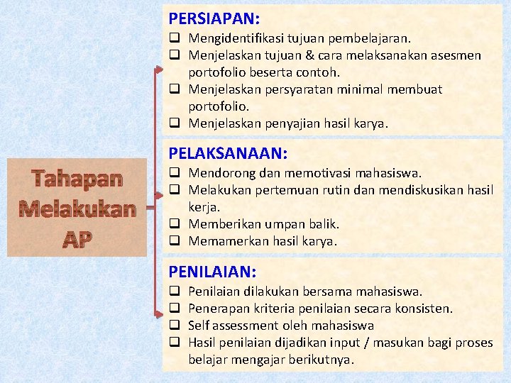 PERSIAPAN: q Mengidentifikasi tujuan pembelajaran. q Menjelaskan tujuan & cara melaksanakan asesmen portofolio beserta