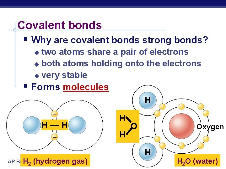 Covalent bonds § Why are covalent bonds strong bonds? two atoms share a pair