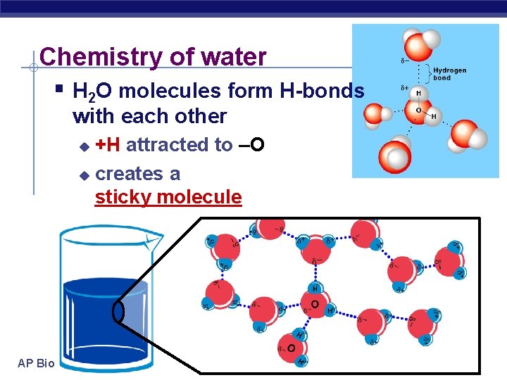 Chemistry of water § H 2 O molecules form H-bonds with each other +H