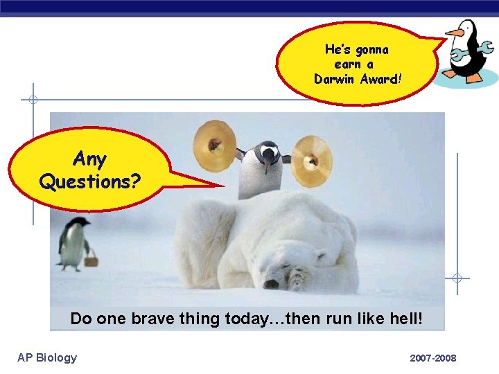 He’s gonna earn a Darwin Award! Any Questions? Do one brave thing today…then run