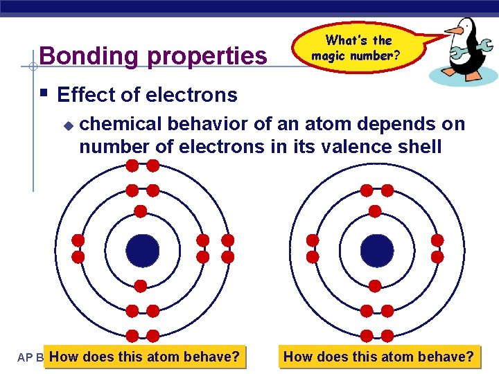 Bonding properties What’s the magic number? § Effect of electrons u How AP Biology