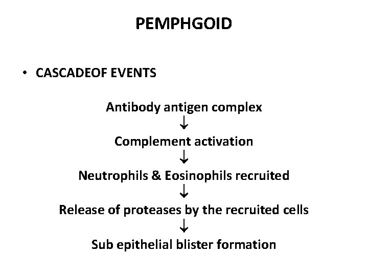 PEMPHGOID • CASCADEOF EVENTS Antibody antigen complex Complement activation Neutrophils & Eosinophils recruited Release