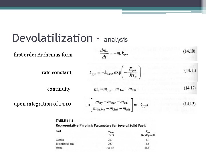 Devolatilization first order Arrhenius form rate constant continuity upon integration of 14. 10 analysis