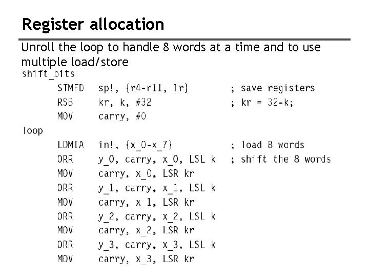 Register allocation Unroll the loop to handle 8 words at a time and to