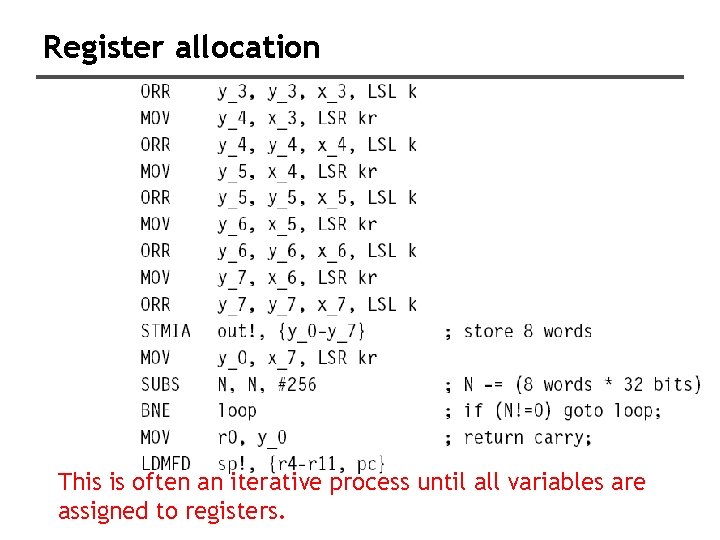 Register allocation This is often an iterative process until all variables are assigned to