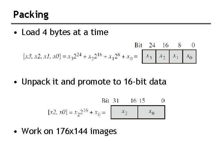 Packing • Load 4 bytes at a time • Unpack it and promote to