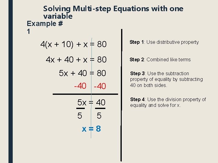 Solving Multi-step Equations with one variable Example # 1 4(x + 10) + x Solving Multi-step Equations with one variable Example # 1 4(x + 10) + x