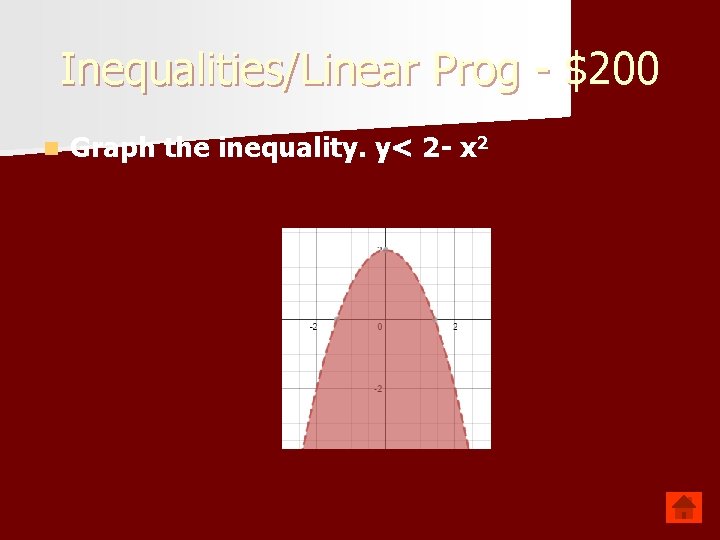 Inequalities/Linear Prog - $200 n Graph the inequality. y< 2 - x 2 