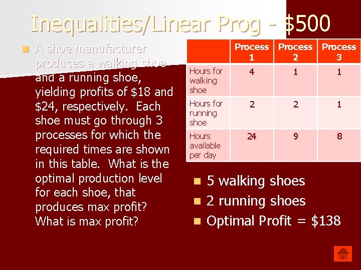 Inequalities/Linear Prog - $500 n A shoe manufacturer produces a walking shoe and a