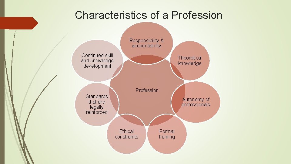 Characteristics of a Profession Responsibility & accountability Continued skill and knowledge development Theoretical knowledge