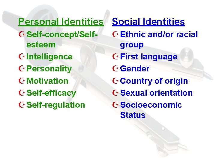 Personal Identities Social Identities Z Self-concept/Selfesteem Z Intelligence Z Personality Z Motivation Z Self-efficacy