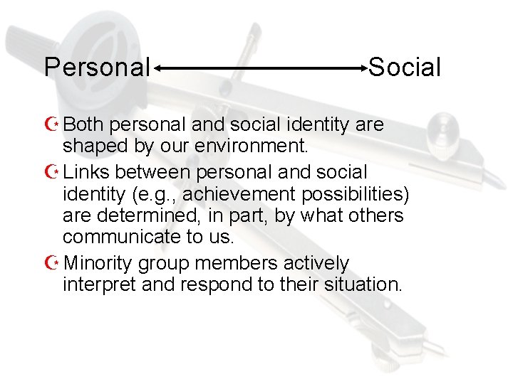 Personal Social Z Both personal and social identity are shaped by our environment. Z