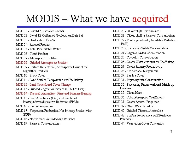 MODIS – What we have acquired MOD 01 - Level-1 A Radiance Counts MOD