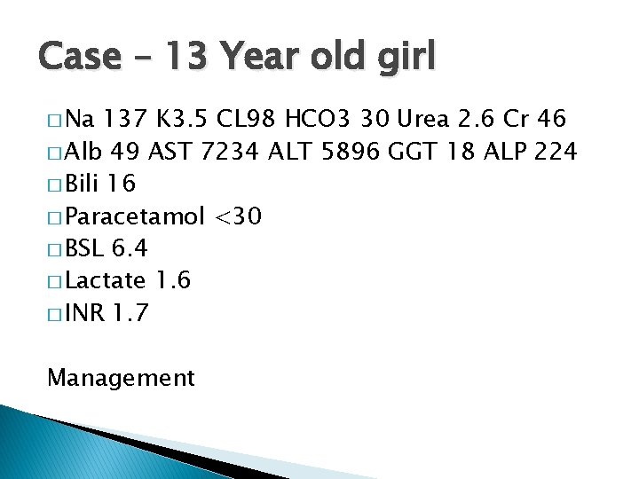 Case – 13 Year old girl � Na 137 K 3. 5 CL 98
