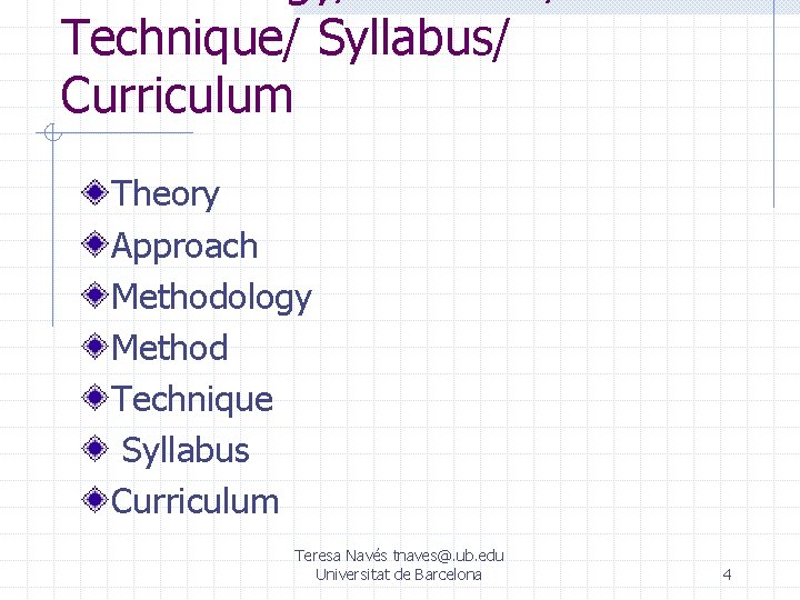 Technique/ Syllabus/ Curriculum Theory Approach Methodology Method Technique Syllabus Curriculum Teresa Navés tnaves@. ub.