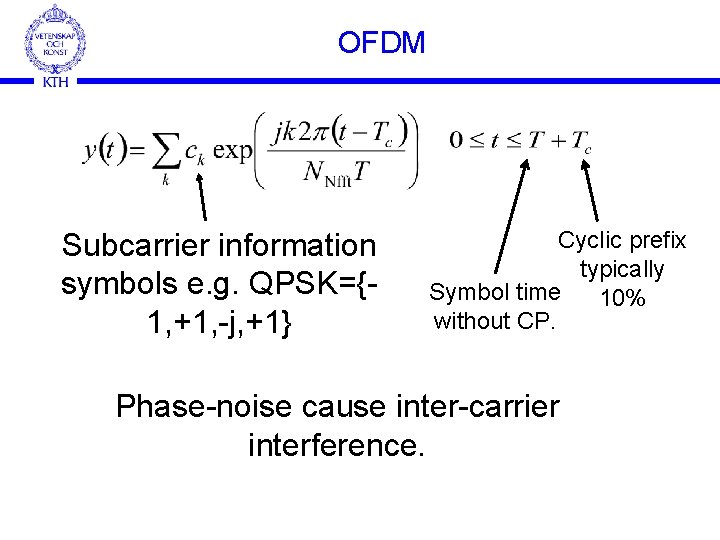 OFDM Subcarrier information symbols e. g. QPSK={1, +1, -j, +1} Cyclic prefix typically Symbol