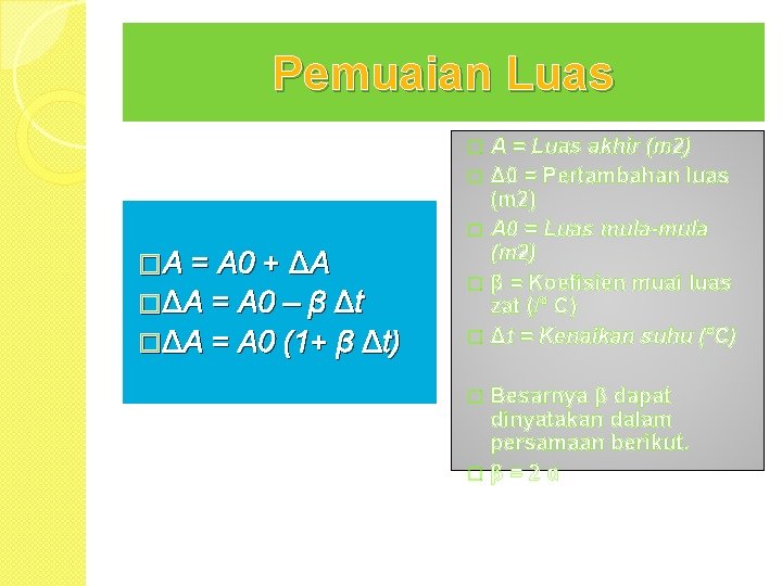 Pemuaian Luas A = Luas akhir (m 2) � Δ 0 = Pertambahan luas