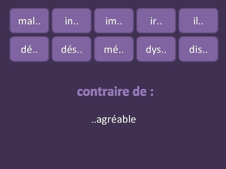 mal. . in. . im. . ir. . il. . dés. . mé. .