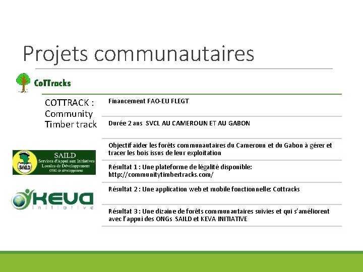 Projets communautaires COTTRACK : Community Timber track Financement FAO-EU FLEGT Durée 2 ans SVCL