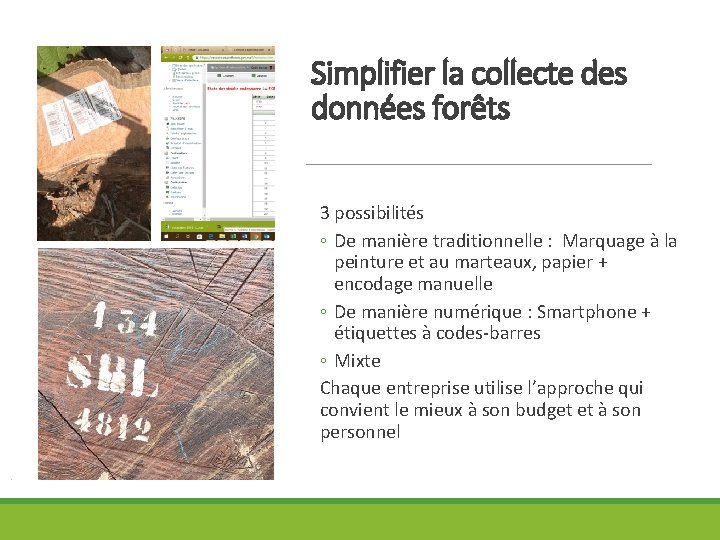 Simplifier la collecte des données forêts 3 possibilités ◦ De manière traditionnelle : Marquage