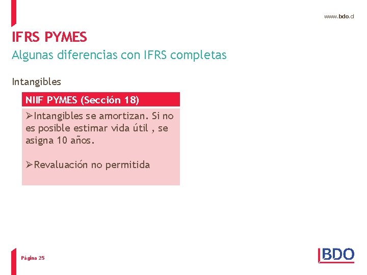 www. bdo. cl IFRS PYMES Algunas diferencias con IFRS completas Intangibles NIIF PYMES (Sección