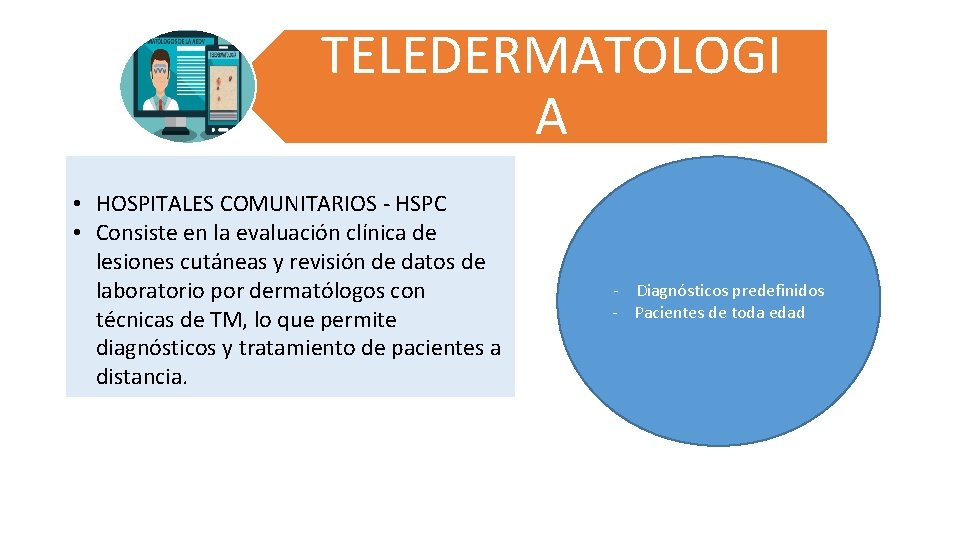 TELEDERMATOLOGI A • HOSPITALES COMUNITARIOS - HSPC • Consiste en la evaluación clínica de