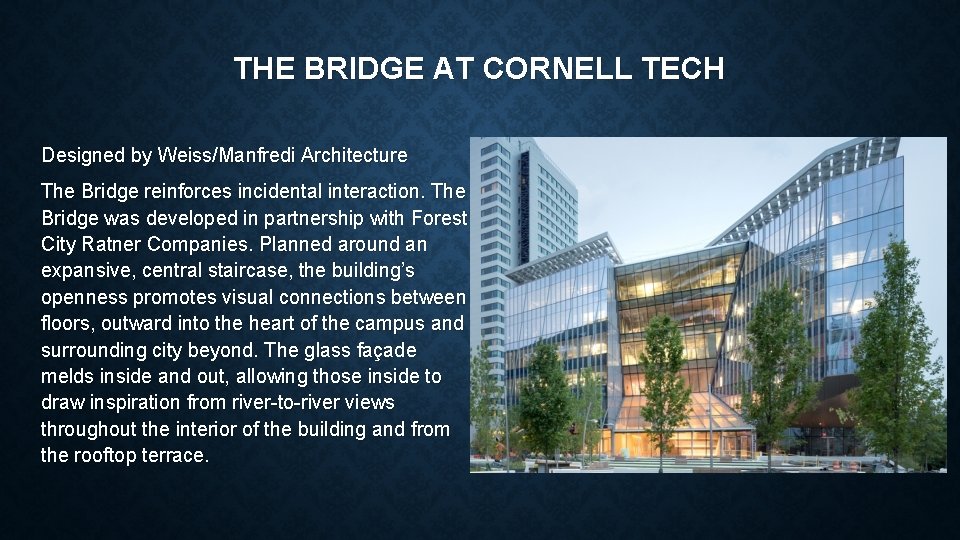 THE BRIDGE AT CORNELL TECH Designed by Weiss/Manfredi Architecture The Bridge reinforces incidental interaction.