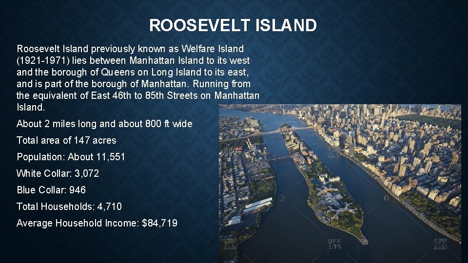 ROOSEVELT ISLAND Roosevelt Island previously known as Welfare Island (1921 -1971) lies between Manhattan