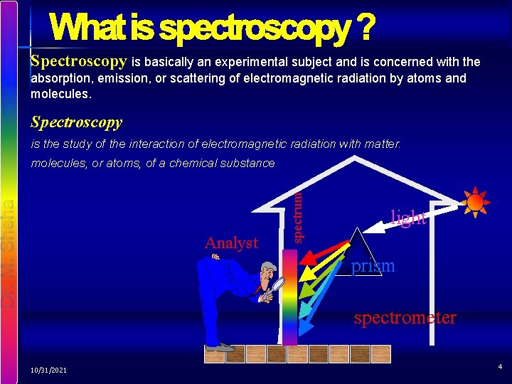 Spectroscopy is basically an experimental subject and is concerned with the absorption, emission, or