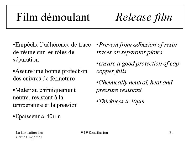 Film démoulant Release film • Empêche l’adhérence de trace • Prevent from adhesion of