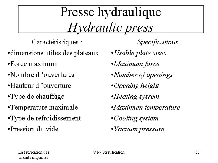 Presse hydraulique Hydraulic press Caractéristiques : Specifications : • dimensions utiles des plateaux •