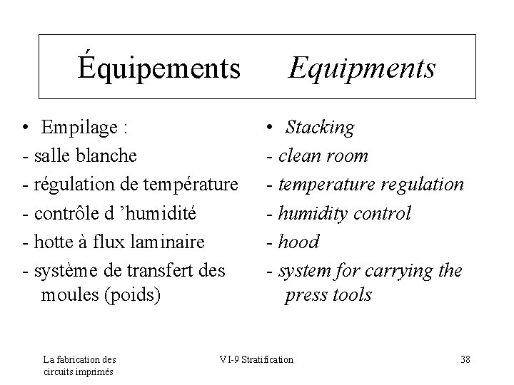 Équipements • Empilage : - salle blanche - régulation de température - contrôle d