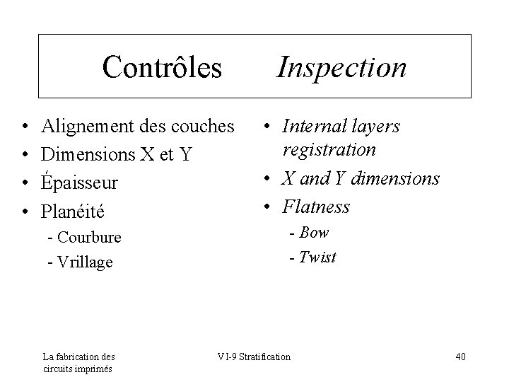 Contrôles • • Alignement des couches Dimensions X et Y Épaisseur Planéité - Courbure