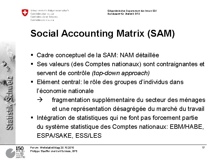 Eidgenössisches Departement des Innern EDI Bundesamt für Statistik BFS Social Accounting Matrix (SAM) §