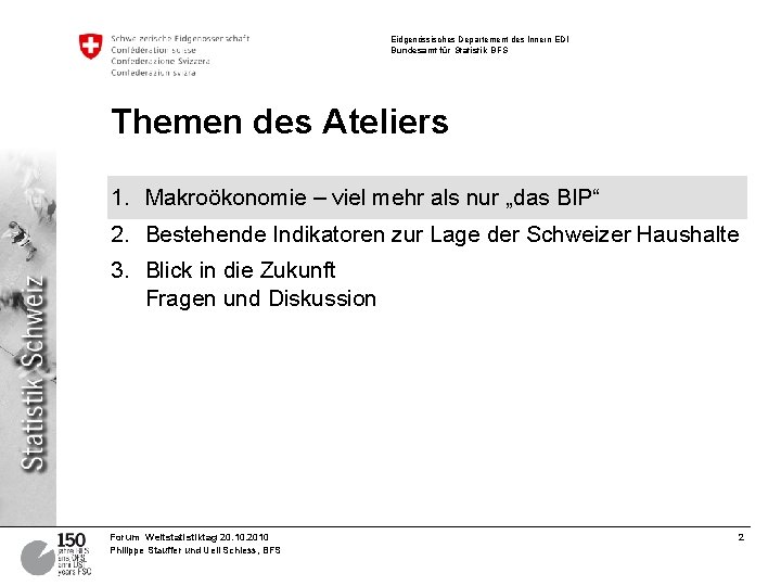 Eidgenössisches Departement des Innern EDI Bundesamt für Statistik BFS Themen des Ateliers 1. Makroökonomie