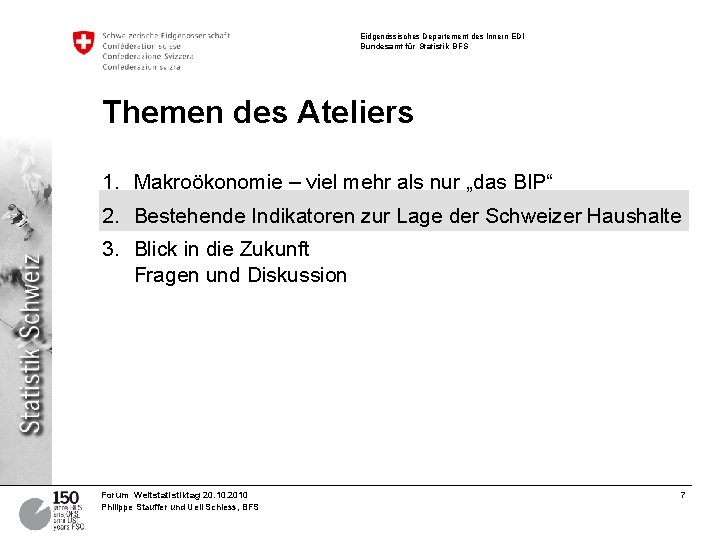 Eidgenössisches Departement des Innern EDI Bundesamt für Statistik BFS Themen des Ateliers 1. Makroökonomie