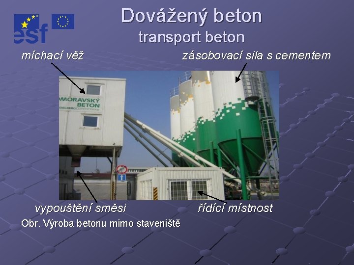 Dovážený beton transport beton míchací věž vypouštění směsi Obr. Výroba betonu mimo staveniště zásobovací