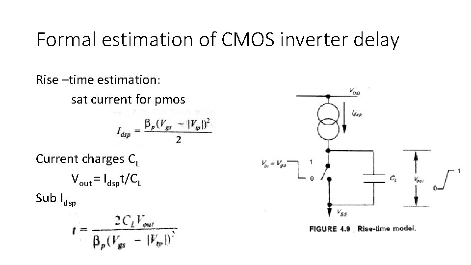 Formal estimation of CMOS inverter delay Rise –time estimation: sat current for pmos Current Formal estimation of CMOS inverter delay Rise –time estimation: sat current for pmos Current