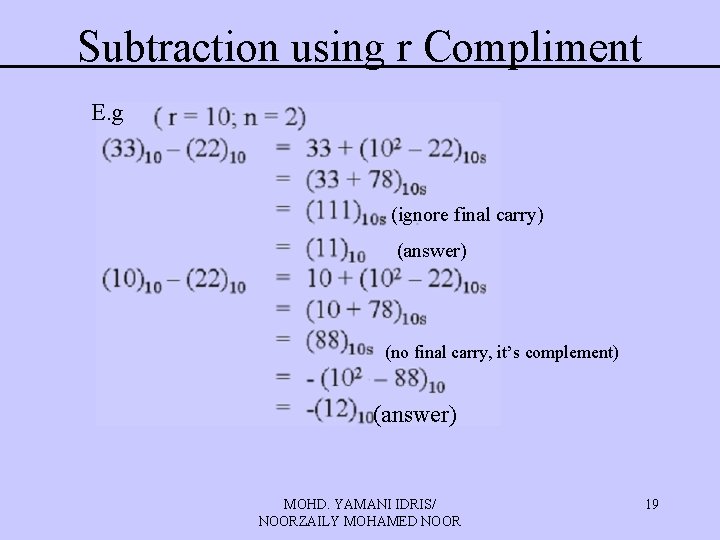 Subtraction using r Compliment E. g (ignore final carry) (answer) (no final carry, it’s