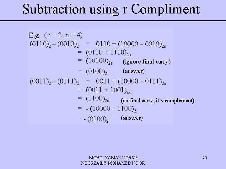 Subtraction using r Compliment E. g (ignore final carry) (answer) (no final carry, it’s