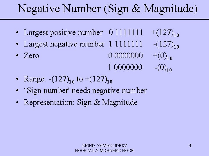 Negative Number (Sign & Magnitude) • Largest positive number 0 1111111 • Largest negative