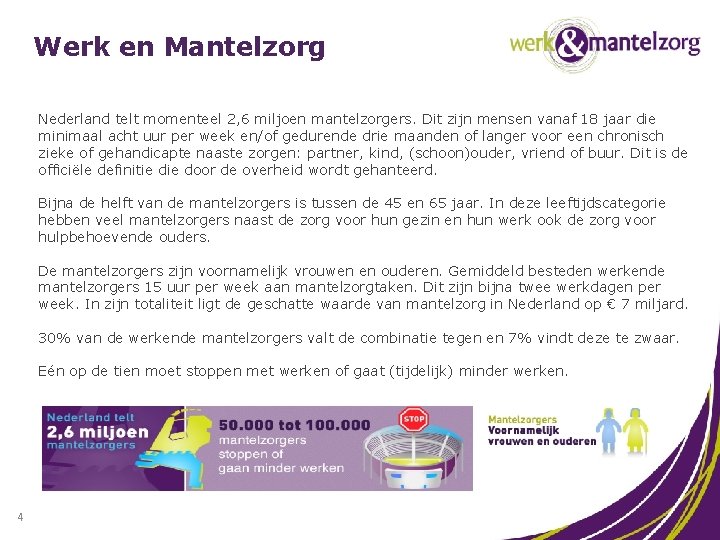 Werk en Mantelzorg Nederland telt momenteel 2, 6 miljoen mantelzorgers. Dit zijn mensen vanaf