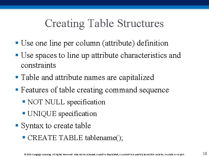 Creating Table Structures § Use one line per column (attribute) definition § Use spaces Creating Table Structures § Use one line per column (attribute) definition § Use spaces