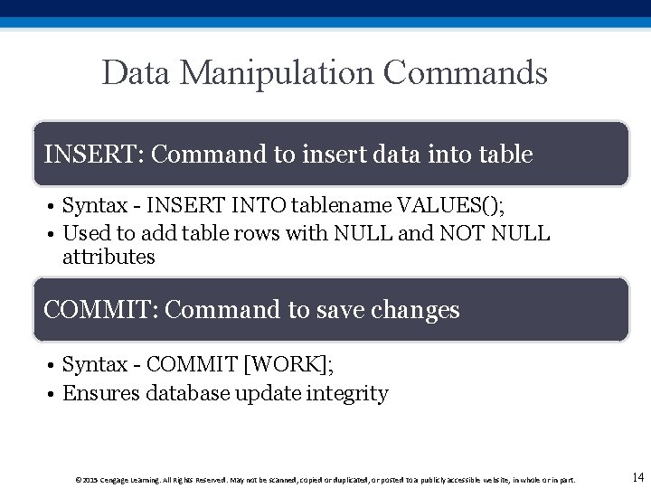 Data Manipulation Commands INSERT: Command to insert data into table • Syntax - INSERT Data Manipulation Commands INSERT: Command to insert data into table • Syntax - INSERT